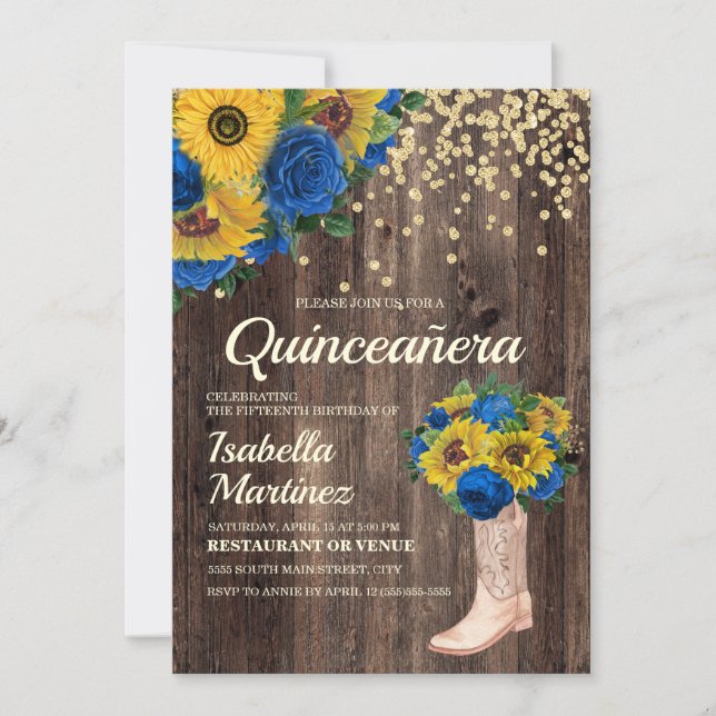 Rustic Sunflower Blue Roses Boots Quinceañera Invitation (Front)