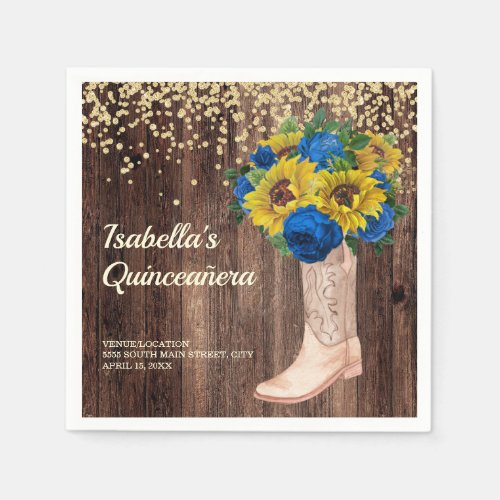 Rustic Sunflower Blue Roses Boots Quinceaera Napkins