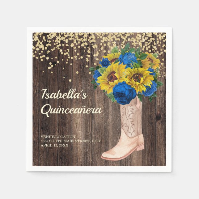Rustic Sunflower Blue Roses Boots Quinceañera Napkins (Front)