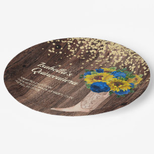 Rustic Sunflower Blue Roses Boots Quinceañera Paper Plates