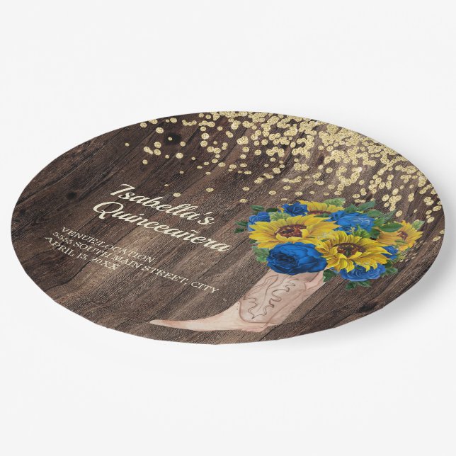 Rustic Sunflower Blue Roses Boots Quinceañera Paper Plates (Angled)