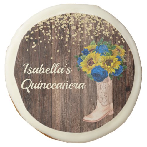 Rustic Sunflower Blue Roses Boots Quinceaera Sugar Cookie