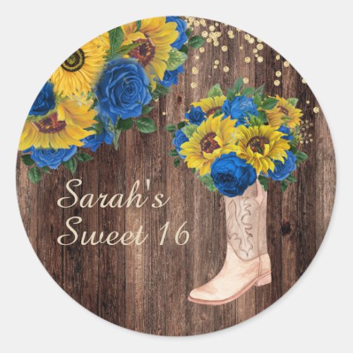 Rustic Sunflower Blue Roses Boots Sweet 16   Classic Round Sticker