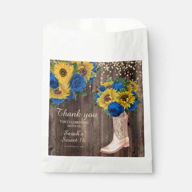Rustic Sunflower Blue Roses Boots Sweet 16 Favor Bag (Front)