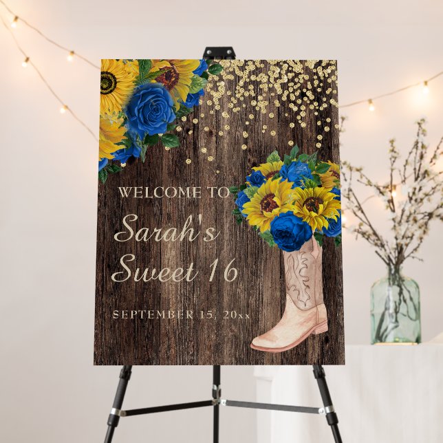 Rustic Sunflower Blue Roses Boots Sweet 16  Foam Board (In Situ (Stand))