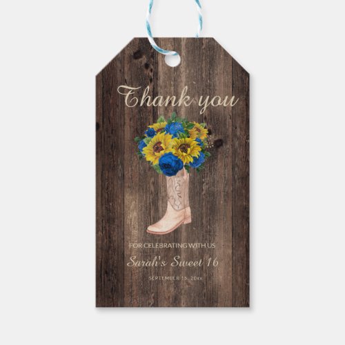 Rustic Sunflower Blue Roses Boots Sweet 16  Gift Tags