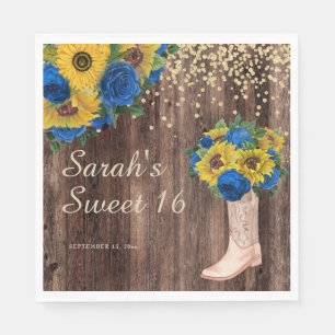 Rustic Sunflower Blue Roses Boots Sweet 16 Napkins