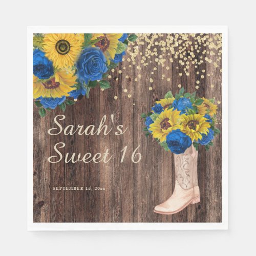 Rustic Sunflower Blue Roses Boots Sweet 16 Napkins