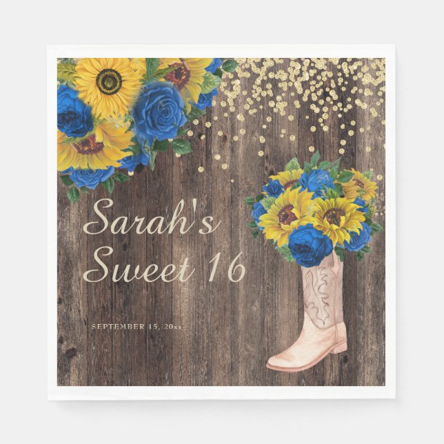 Rustic Sunflower Blue Roses Boots Sweet 16 Napkins (Front)