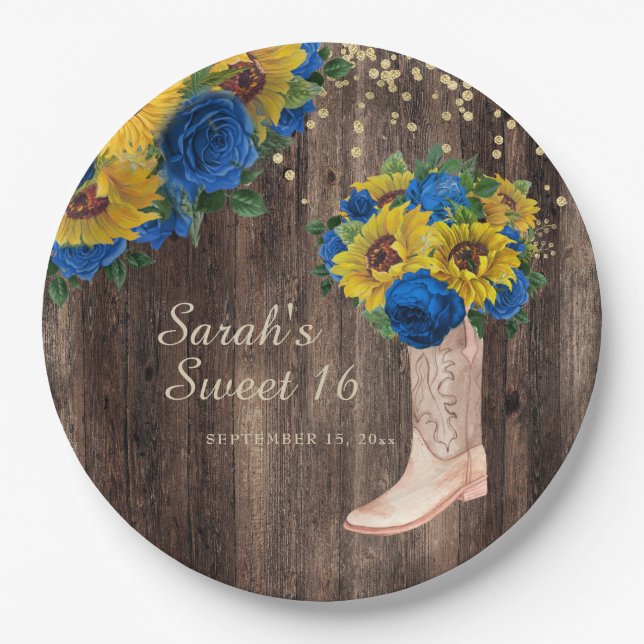 Rustic Sunflower Blue Roses Boots Sweet 16  Paper Plates (Front)