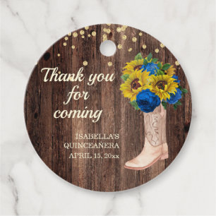 Rustic Sunflower Blue Roses Boots Thank You Favor Tags