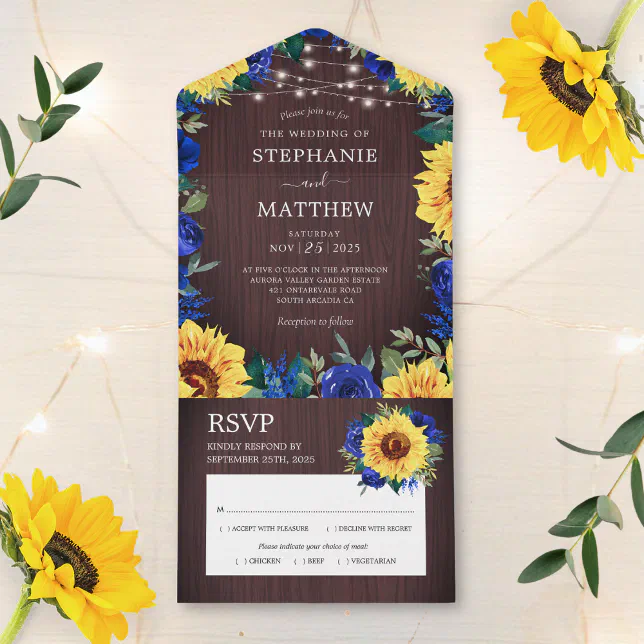 Rustic Sunflower Blue Roses Lights Wedding All In One Invitation | Zazzle