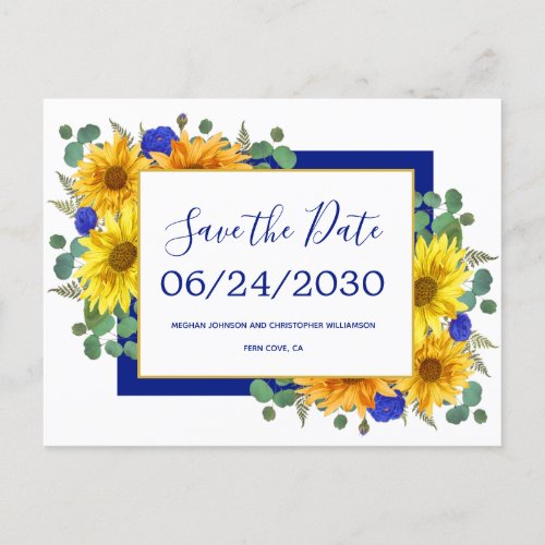 Rustic Sunflower Blue Roses Wedding Save the Date Announcement Postcard