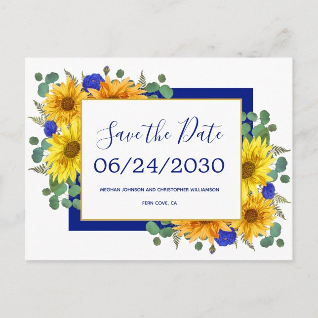 Rustic Sunflower Blue Roses Wedding Save the Date Announcement Postcard (Front)