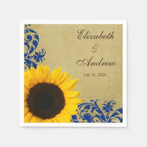 Rustic Sunflower Blue Swirls Personalized Wedding Napkins