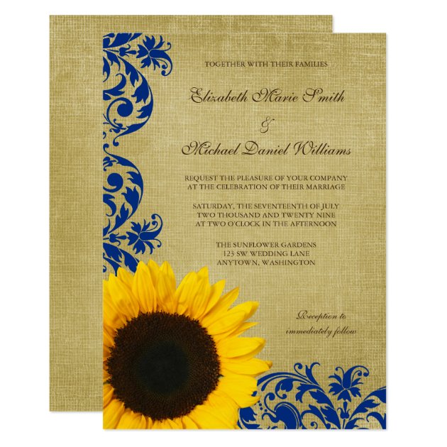Rustic Sunflower Blue Swirls Wedding Invitation
