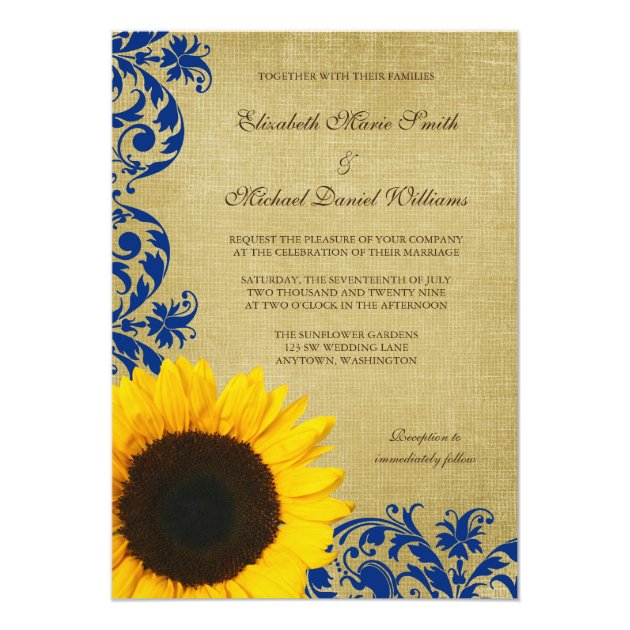 Rustic Sunflower Blue Swirls Wedding Invitation