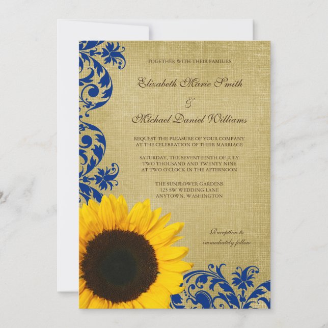 Rustic Sunflower Blue Swirls Wedding Invitation (Front)