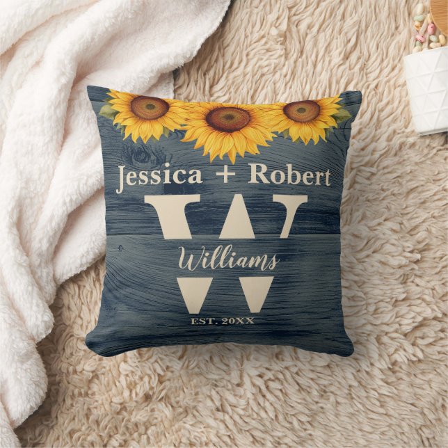 Rustic Sunflower Blue Wood Personalized Pillow (Blanket)