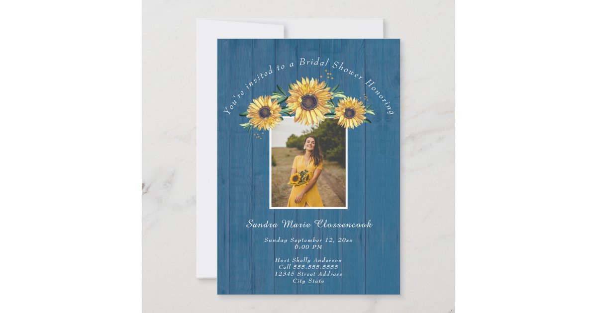 Rustic Sunflower Blue Wood Wedding Bridal Shower I Invitation | Zazzle