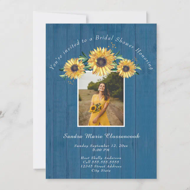 Rustic Sunflower Blue Wood Wedding Bridal Shower I Invitation | Zazzle