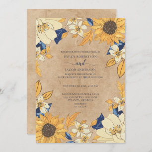 Rustic Sunflower Blue Yellow Floral Wedding Invitation