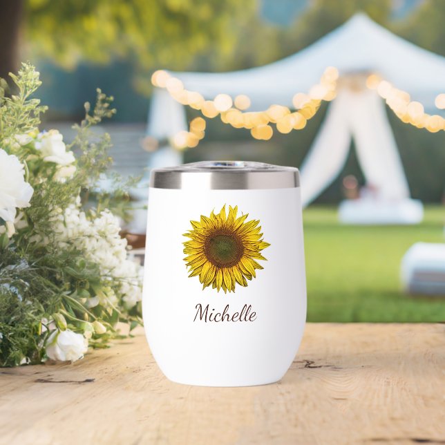 Rustic Sunflower Boho Botanical Personalized Thermal Wine Tumbler (Wedding (Rotated))