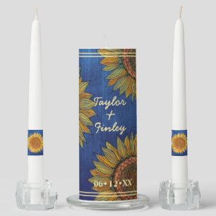 Rustic Sunflower Boho Farmhouse Navy Blue Wedding Unity Candle Set
