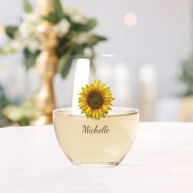 Rustic Sunflower Boho Floral Personalized Stemless Wine Glass (Insitu (Wedding))