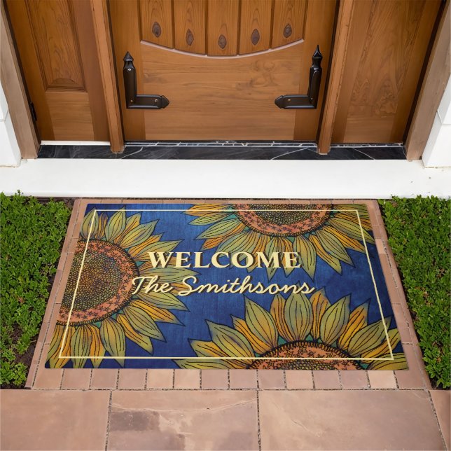   Rustic Sunflower Boho Navy Blue Custom Welcome Doormat (Outdoor)