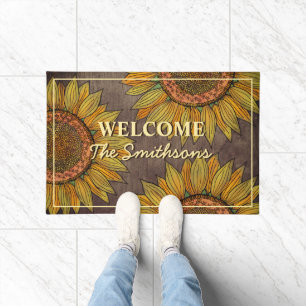 Rustic Sunflower Boho Taupe Personalized Welcome Doormat