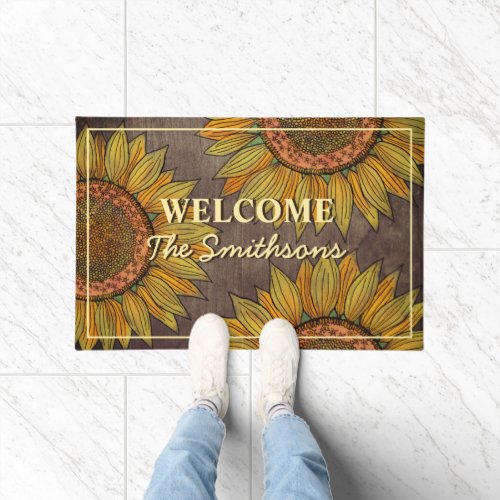   Rustic Sunflower Boho Taupe Personalized Welcome Doormat