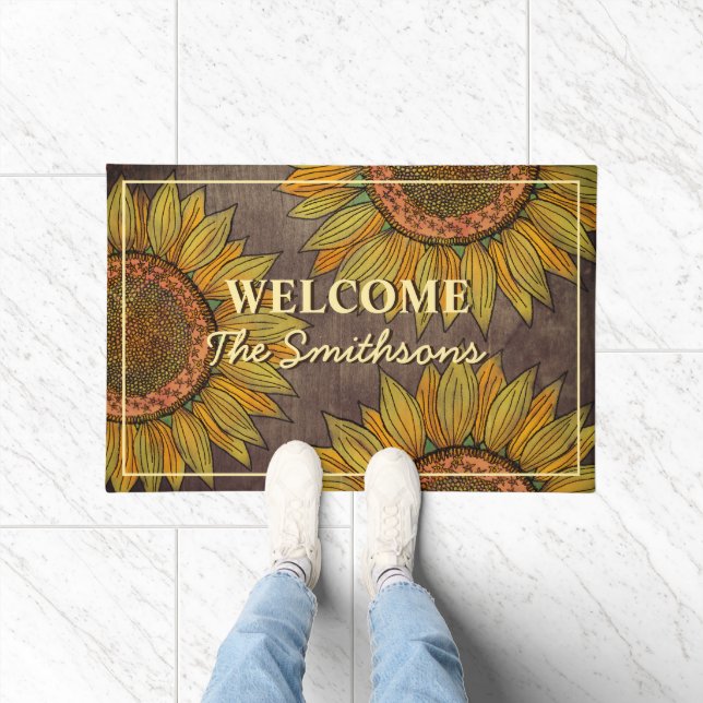   Rustic Sunflower Boho Taupe Personalized Welcome Doormat (Indoor)