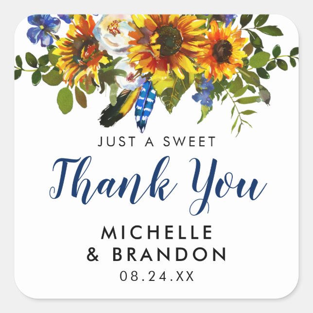 Rustic Sunflower Boho Thank You Wedding Favor Square Sticker (Front)