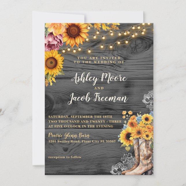 Rustic Sunflower Boots Barn Wedding Invitation (Front)
