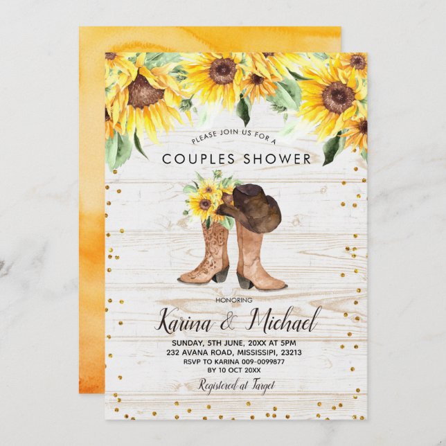 Rustic Sunflower Boots Couples Shower Invitation (Front/Back)