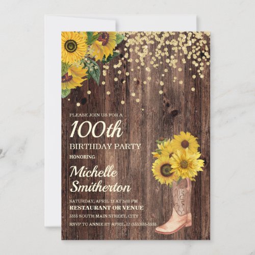 Rustic Sunflower Boots Glitter 100th Birthday Invitation