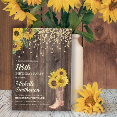 Rustic Sunflower Boots Glitter 18th Birthday Invitation