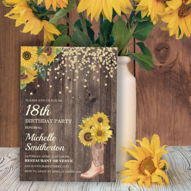 Rustic Sunflower Boots Glitter 18th Birthday Invitation (Creator Uploaded)