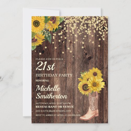 Rustic Sunflower Boots Glitter 21st Birthday Invitation