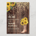 Rustic Sunflower Boots Glitter 40th Birthday Invitation<br><div class="desc">Rustic wood,  yellow sunflowers with gold glitter,  and a cowboy boot with flowers 40th birthday party invitation for women.  Contact us for help with customization or to request matching products.</div>