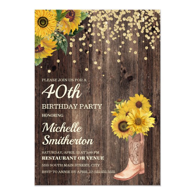 Rustic Sunflower Boots Glitter 40th Birthday Invitation