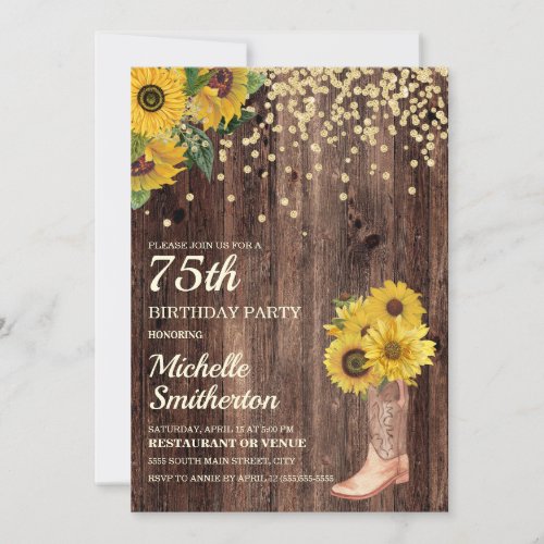 Rustic Sunflower Boots Glitter 75th Birthday Invitation