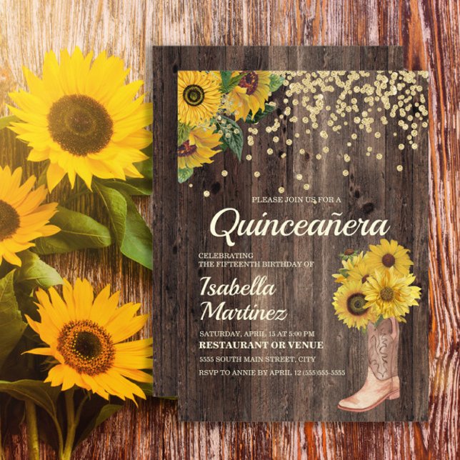 Rustic Sunflower Boots Glitter Quinceañera 15th Invitation (Sunflowers, cowgirl boots, and rustic wood Quinceanera birthday party invitation)