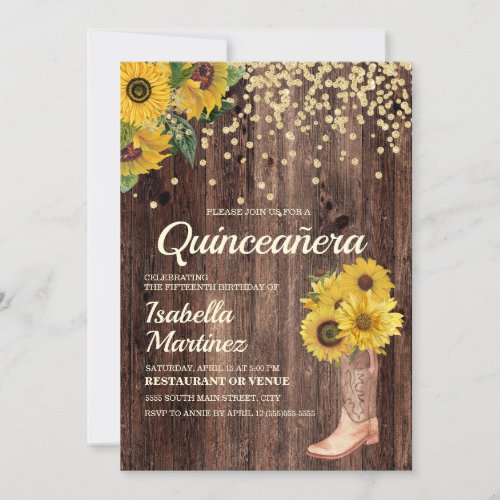 Rustic Sunflower Boots Glitter Quinceaera 15th Invitation