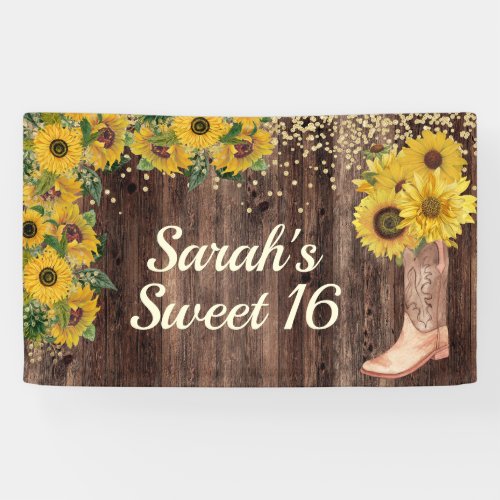 Rustic Sunflower Boots Glitter Sweet 16 Birthday  Banner