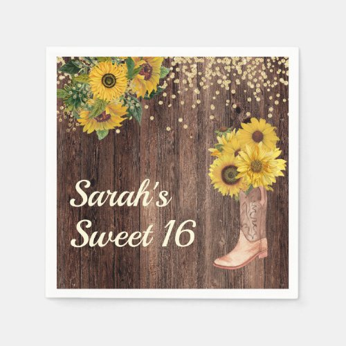 Rustic Sunflower Boots Glitter Sweet 16 Birthday Napkins