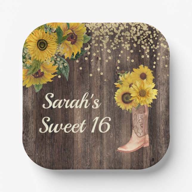 Rustic Sunflower Boots Glitter Sweet 16 Birthday Paper Plates (Front)