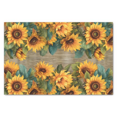 Rustic Sunflower Border on Wood Decoupage Tissue Paper