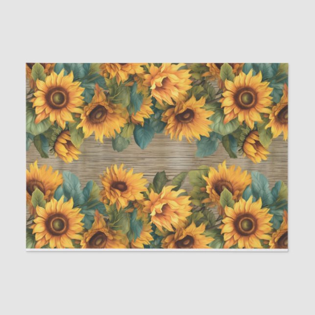 Rustic Sunflower Border on Wood Decoupage Tissue Paper (Front)